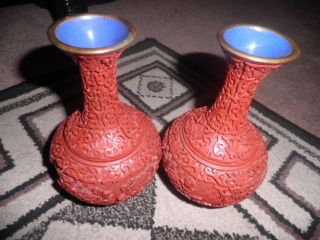 Vtg/antique Chinese/asian Red Cinnabar Vases Matching Lotus Flowers Blue Enamel photo