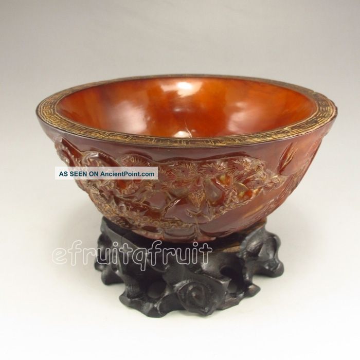 Chinese Ox Horn Bowl W Man & Pine Tree Bowls photo