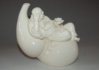 Unusual Chinese Dehua White Porcelain Fortuna Seated Buddha&gourd Dehua Mark photo