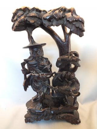 Well Carved Chinese Hardwood Figure Of An Old Man & A Boy On An Ox 19thc (a) photo