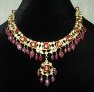 22k 22kt Solid Gold Enamel Carved Ruby Diamond Pendant Necklace Not 14k 18k 21k photo