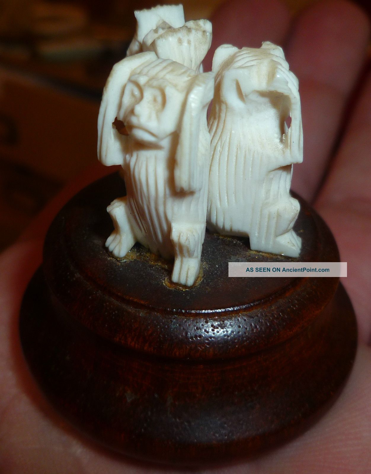 Faux Ivory Three Wise Monkeys Miniature Carving On Hardwood Base Circa 1920s Other photo