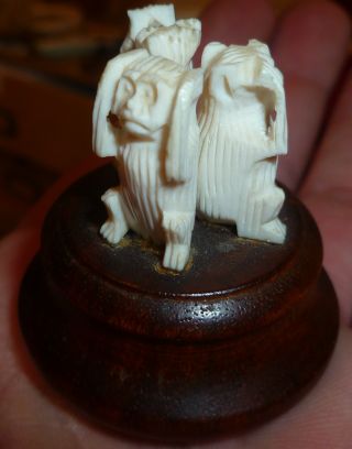 Faux Ivory Three Wise Monkeys Miniature Carving On Hardwood Base Circa 1920s photo