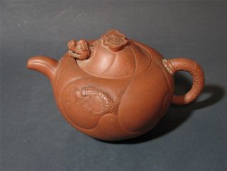 Unusual Old Chinese Signed Yixing Zisha Teapot Moveable Dragon Head Fish I Hsing photo