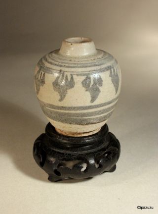 Antique Sawankhalok Thai Vase Jarlet On Carved Wood Stand photo