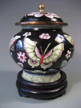 China Chinese Peking Enamel Famille Noir Butterfly Decor Lidded Vase Ca.  20th C. photo