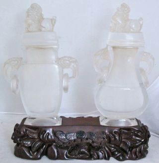 2 Chinese Clear Peking Glass Lidded Urns With Foo Dogs & Wood Stand (9.  25 