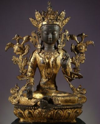 Buddha: Antique Tibetan Green Tara,  Bronze Parcel Gilt,  Late 1800 ' S,  15 
