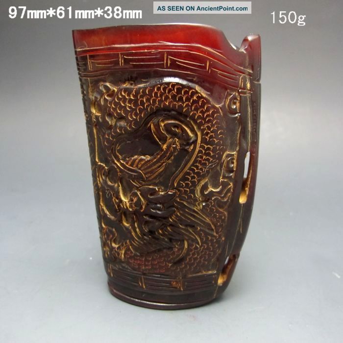 Old Antiques Chinese 100% Ox Horn Hand Carved Dragon Jiao Cup Nr/nc2023 Other photo