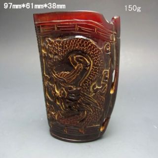 Old Antiques Chinese 100% Ox Horn Hand Carved Dragon Jiao Cup Nr/nc2023 photo