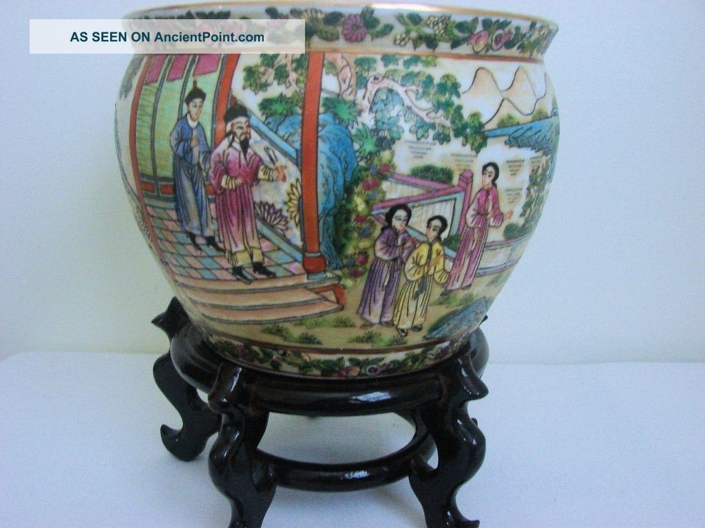 Rose Medallion Oriental Fish Bowl Or Planter W/rosewood Stand Bowls photo
