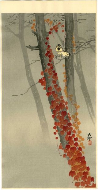 Koson Japanese Woodblock Print Birds & Ivy - Rare photo
