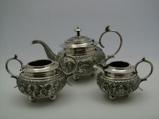 A Fine Antique Indian White Metal Three Piece Tea Set. photo