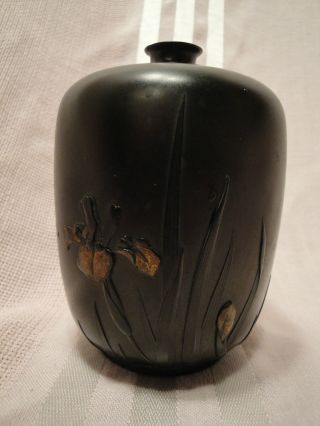 Gorgeous Antique Signed Japanese Bronze Iris Vase photo