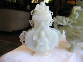 Chinese Carved White Jade Buddha Covered Vase Guanyin Design photo