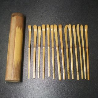F223 Japanese Bamboo Ware 14 Teaspoons Of Urasenke ' S Successive Master W/case photo