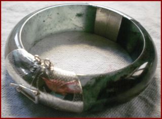 54mm Chinese Jade Hinged Bangle Silver 925 With Safty Chain Antique Style Sz 5 