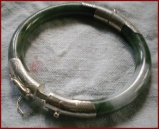 53mm Chinese Jade Hinged Bangle Silver 925 With Safty Chain Antique Sty Gift photo