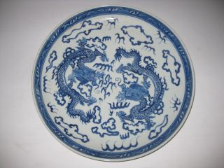 Qing Dynasty Blue Whited Porcelain 2 Dragon Platter photo