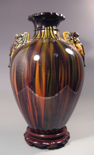China Chinese Tang Sancai Style Green Amber Black Flambe Glaze Vase 20th C. photo