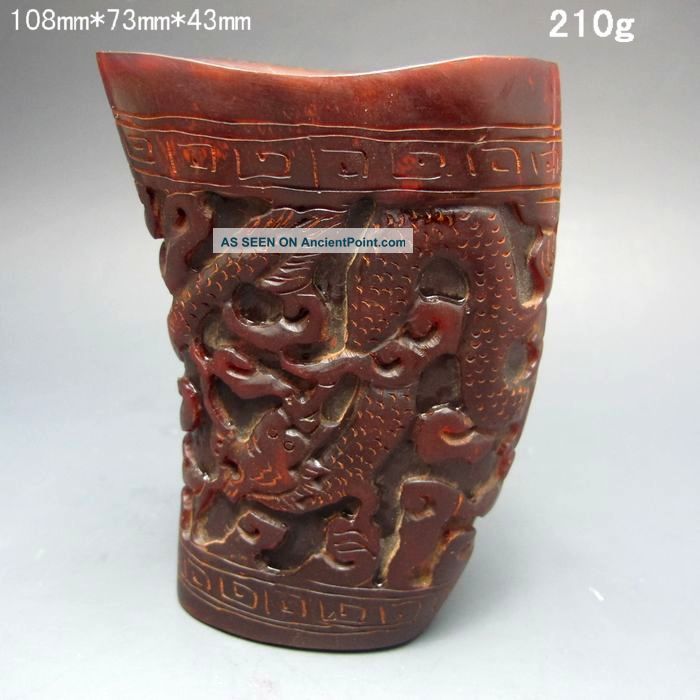 Old Antique 18 - 19th Chinese Ox Horn Carved Dragon Jiao Cup Nr/nc2020 Other photo