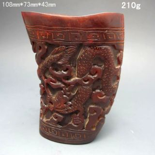 Old Antique 18 - 19th Chinese Ox Horn Carved Dragon Jiao Cup Nr/nc2020 photo