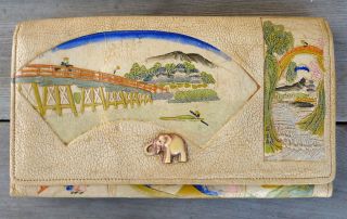 Vintage Signed Japanese Hand - Tooled Leather Clutch Purse W/hand - Painted Scenes photo