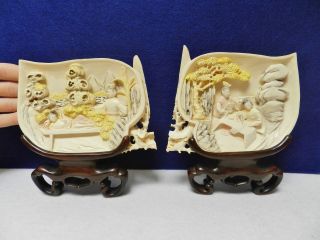 Early 19thc Carved Ox Bone Plaques Signed - Statue Netsuke photo