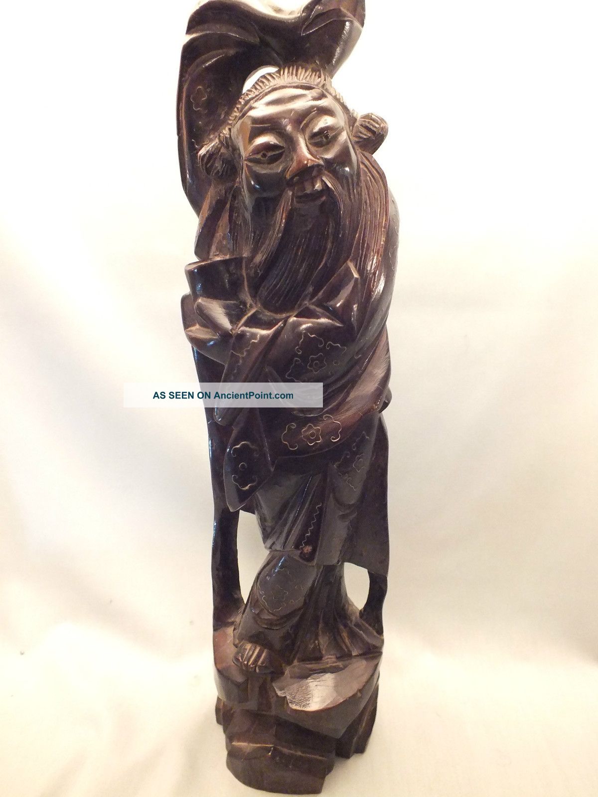 Lrg Carved Chinese Hardwood Figure Of An Old Man Inlaid With Silver Wire19thc (a Woodenware photo