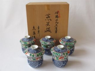 Japanese Kyo Ware Tea Cup 5set W/signed Box By Kyosen Heian/ Painting/ 550 photo