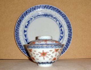 Antique Chinese Asian Signed 19c Porcelain Rice Bowl And Plate photo