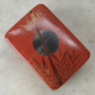 Japanese Lacquer Box Bamboo And Sun In Carnelian Gold And Grays 2.  5 