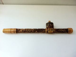 Chinese Carved Dragons Ox Bone Long Pipe photo