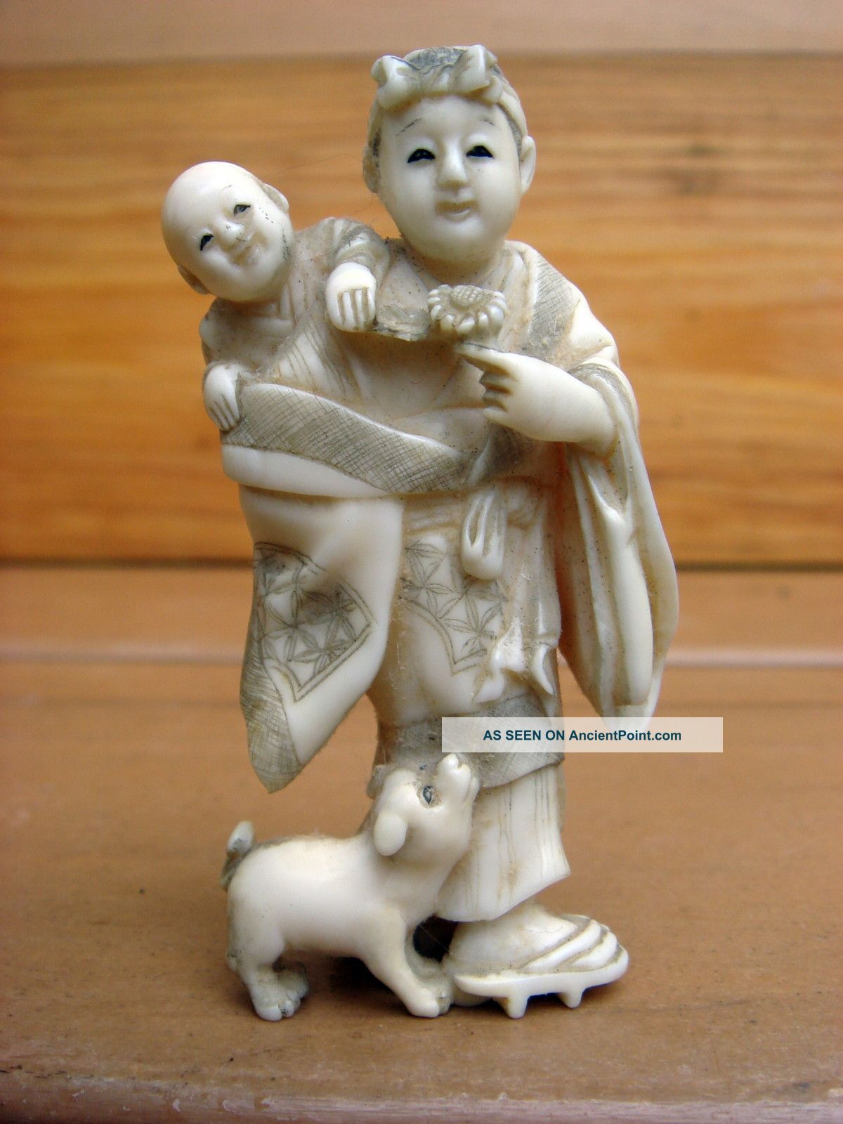 Antique 19c Ox Bone Asian Chinese Statue Mother Child Dog Netsuke photo