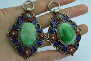 China Collectibles Old Decorated Handwork Jadeite Cloisonne Pair Pendant ++++++ photo