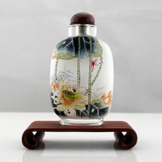 Chinese Inside Hand Painted Bird Dragonfly Lotus Peking Glass Snuff Bottle Agate photo