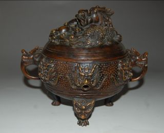 Rare & Large Chinese Bronze Incense Burners & Lid Dragon With Ming Mark Nr photo