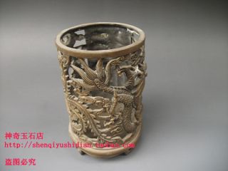 Js687 Rare,  Chinese Bronze Carved Pen Holder ' Dragon And Phoenix ' photo
