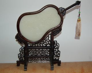 Fine Chinese Wood Inlaid Afghanistan Jade Magpies And Plum Screen 19th C photo
