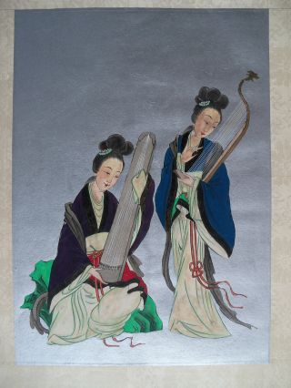 1930s Han Kwan Fu Painting Chinese Women Musicians Musical Instruments photo