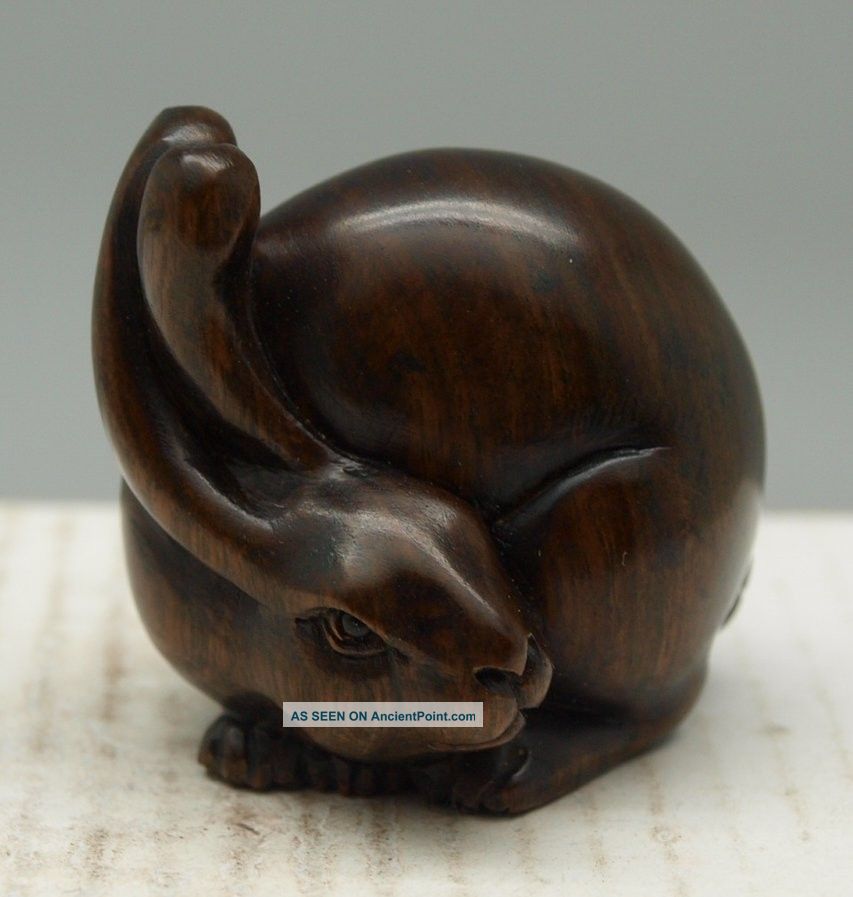 Hand Carved Wooden Netsuke - Oriental - Rabbit - Signed By Artist Netsuke photo