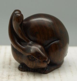 Hand Carved Wooden Netsuke - Oriental - Rabbit - Signed By Artist photo