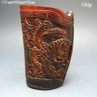 Old Antiques Chinese 100% Ox Horn Hand Carved Dragon Jiao Cup Nr/pc2030 photo