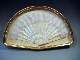 China Chinese Export Silk Satin Fan W/ Feather Trim Custom Framed Ca.  1920 ' S photo