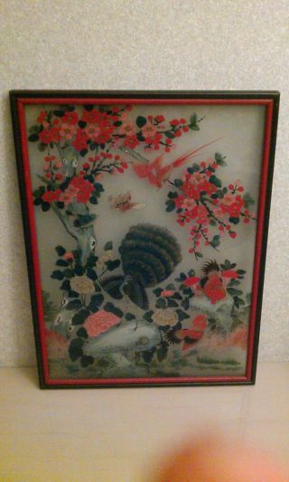 Antique Chinese Reverse Painting On Glass In Wood Frame photo