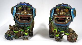 Pair Old Chinese Gold Wash Silver And Enamel Filigree Canton Foo Dogs photo