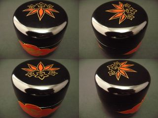 Japanese Antique Lacquer Wooden Tea Caddy Bell Flower And Emblem Makie Natsume photo