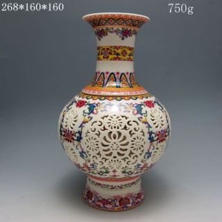 Set 2 Pieces Hollowed Chinese Rose Colorful Porcelain Big Vase W Qianlong Mark photo