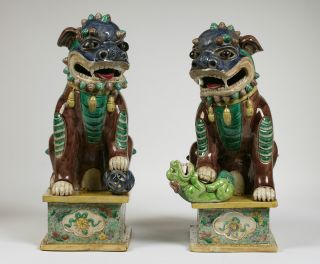 Antique Chinese Porcelain Foo Dog Sculptures - Statues/ Asian - 19th C / Qing - Ch ' Ing photo