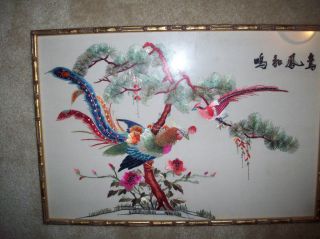 Vintage Chinese Silk Embroidered Birds - Bamboo Framed Art - Marriage Art photo
